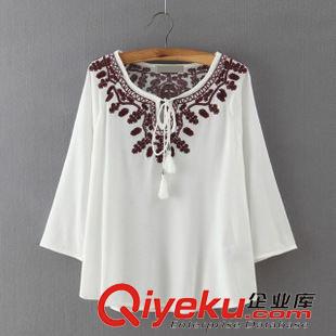 ★10月9號新款更新 2015秋季新款人棉雙皺刺繡領(lǐng)口系帶修身套頭女士襯衫 上衣原始圖片2