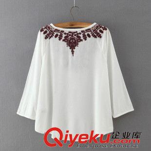★10月9號新款更新 2015秋季新款人棉雙皺刺繡領(lǐng)口系帶修身套頭女士襯衫 上衣原始圖片3