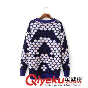 ★10月7號(hào)新款更新 2015秋冬新款拼色幾何提花中長(zhǎng)款寬松休閑款圓領(lǐng)針織毛衣 女原始圖片2