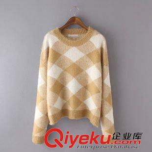 ★9月14號(hào)新款更新 2015秋冬新款海馬毛菱形格子修身長(zhǎng)袖套頭針織毛衣 女 F39258原始圖片2