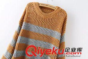 ★9月12號(hào)新款更新 2015秋季新款粗條紋拼色大版鏤空開叉中長(zhǎng)款寬松毛衣女 A29234原始圖片3