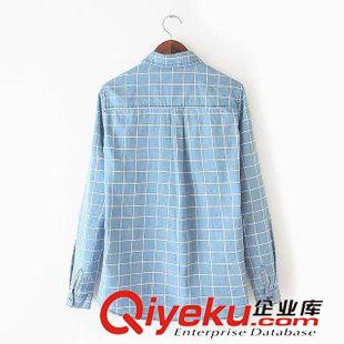 ★9月12號(hào)新款更新 2015秋季新款歐美格子雙口袋翻領(lǐng)長(zhǎng)袖休閑牛仔襯衫 女 B29226原始圖片2