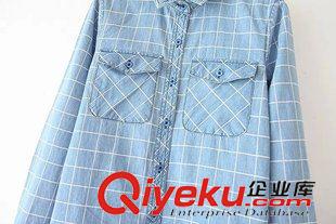 ★9月12號(hào)新款更新 2015秋季新款歐美格子雙口袋翻領(lǐng)長(zhǎng)袖休閑牛仔襯衫 女 B29226原始圖片3