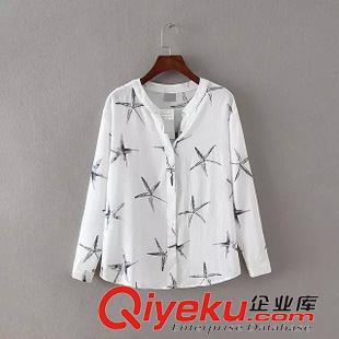 ★9月12號(hào)新款更新 2015秋季新款韓版星星印花長(zhǎng)袖修身V領(lǐng)襯衣襯衣  女上衣 M49221原始圖片2