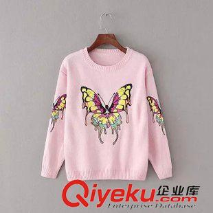 ★9月8號新款更新 2015秋季新款彩色刺繡亮片蝴蝶長袖套頭針織毛衣 女 F69155原始圖片2