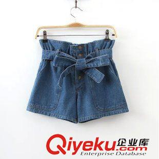 ◆短褲/靴褲 2015夏新款打結腰帶大口袋松緊高腰水洗牛仔短褲休閑褲女K16449原始圖片2