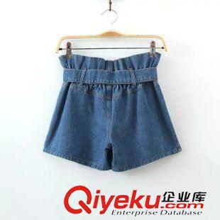 ◆短褲/靴褲 2015夏新款打結腰帶大口袋松緊高腰水洗牛仔短褲休閑褲女K16449原始圖片3