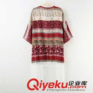 ★9月6號(hào)新款更新 2015秋季新款拼色印花流蘇人棉中長(zhǎng)款中袖和服薄外套 女 D189110原始圖片2