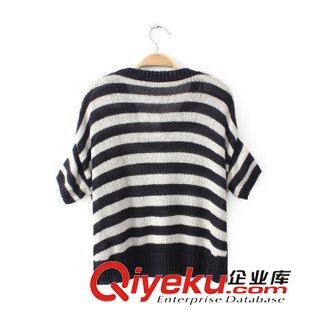 ★9月4號新款更新 2015秋季新款百搭條紋短袖短款套頭寬松針織衫 女 D39055原始圖片2