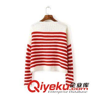 ★9月4號(hào)新款更新 2015秋季新款條紋單口袋短款長(zhǎng)袖套頭針織毛衣 女上衣 D39049原始圖片2
