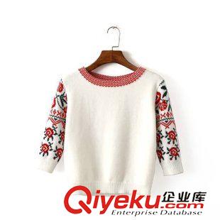 ★9月4號新款更新 2015秋季新款袖子提花中袖短款修身套頭毛衣上衣 女 D39051原始圖片3