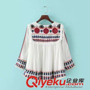 ★9月4號(hào)新款更新 2015秋季新款花朵刺繡流蘇拼貼系帶七分袖套頭襯衫 女 XR9079原始圖片2