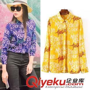 ◆襯衫/雪紡衫 2015夏季新款歐美風(fēng)碎花印花長(zhǎng)袖V領(lǐng)修身雪紡襯衫 D66261
