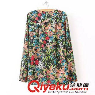 ◆襯衫/雪紡衫 2015夏季新款歐美風(fēng)碎花印花長(zhǎng)袖V領(lǐng)修身雪紡襯衫 D66261原始圖片2