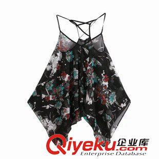 ◆吊帶/小背心 歐洲站2015夏季女裝新品上衣 性感低胸露背印花交叉吊帶衫