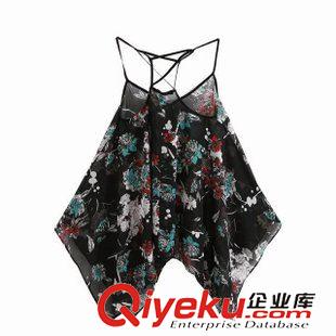 ◆吊帶/小背心 歐洲站2015夏季女裝新品上衣 性感低胸露背印花交叉吊帶衫