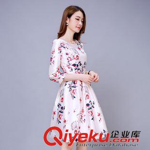 長(zhǎng)袖連衣裙 2015秋季新品百褶印花女裝大碼蓬蓬裙公主氣質(zhì)七分袖連衣裙女lyq