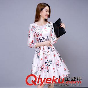 長(zhǎng)袖連衣裙 2015秋季新品百褶印花女裝大碼蓬蓬裙公主氣質(zhì)七分袖連衣裙女lyq