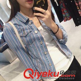 長袖牛仔衣 2015秋裝新款 時尚百搭撞色條紋牛仔外套 女