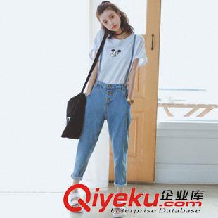 牛仔褲 秋裝新款韓版復古高腰單排扣牛仔背帶褲長褲女潮原始圖片2