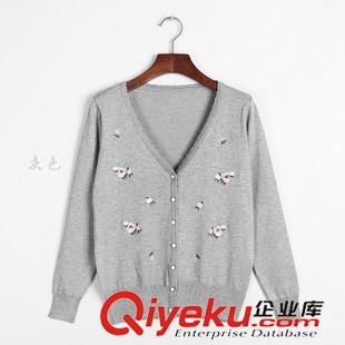 針織衫 新款秋季針織衫小開衫刺繡花朵 V領(lǐng)長袖木耳邊小外套原始圖片3