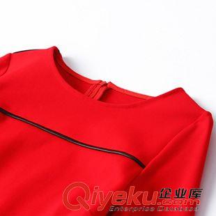 2015年9月新款 歐美新品秋冬撞色拼接打底裙氣質(zhì)修身長袖PU皮包臀連衣裙原始圖片2