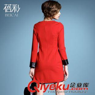 2015年9月新款 歐美新品秋冬撞色拼接打底裙氣質(zhì)修身長袖PU皮包臀連衣裙原始圖片3