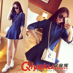 2015年9月新款 時尚氣質(zhì)荷葉擺a字顯瘦長袖牛仔連衣裙女