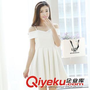 2015年7月新款 實(shí)拍2015夏新款女一字領(lǐng)性感露肩吊帶連衣裙女露背修身蓬蓬裙原始圖片3