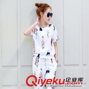 休閑套裝 實拍2015夏裝新款歐美印花棉麻九分褲休閑套裝時尚套裝女原始圖片2