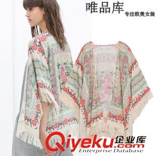 和服 歐洲站新品女裝批發(fā)定位印花流蘇披肩和服式開衫外套女 防曬衫