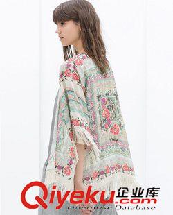 和服 歐洲站新品女裝批發(fā)定位印花流蘇披肩和服式開衫外套女 防曬衫