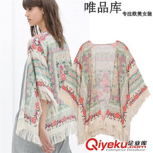 和服 歐洲站新品女裝批發(fā)定位印花流蘇披肩和服式開衫外套女 防曬衫