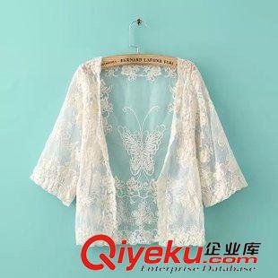 和服 唯品庫 2015春季新款女裝 歐美風蝴蝶刺繡中袖開衫 蕾絲罩衫 批發(fā)原始圖片2