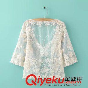 和服 唯品庫 2015春季新款女裝 歐美風蝴蝶刺繡中袖開衫 蕾絲罩衫 批發(fā)原始圖片3