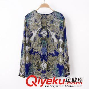 襯衫 廠家直銷 2014秋季新款歐美風(fēng)青花瓷長(zhǎng)袖印花襯衫 鉚釘上衣 女裝原始圖片2