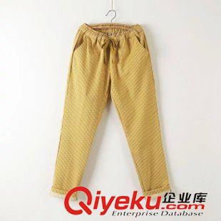 休閑褲 2015秋裝新款彈力條紋休閑褲 松緊腰小腳長(zhǎng)褲 復(fù)古棉麻女褲子原始圖片2