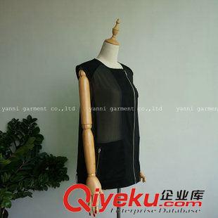 小背心 吊帶衫 裹胸 外單2015新款無袖雪紡拼接時(shí)尚帥氣百搭馬夾背心潮斜拉鏈外套上衣原始圖片2