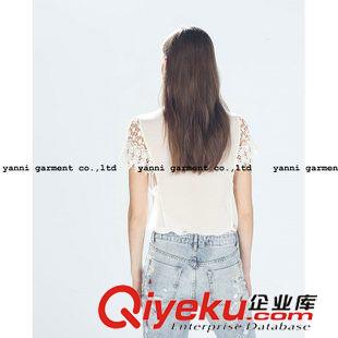 未分類 出口2015春夏新款鏤空鉤花蕾絲短袖圓領雪紡衫短款女裝上衣打底衫
