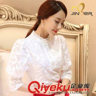 {dy}期 2015秋冬新款韓版大碼蕾絲衫繡花女裝外套蕾絲拼接雪紡打底衫原始圖片2