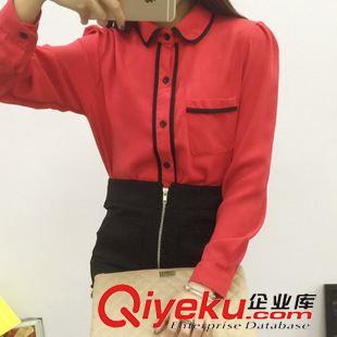 襯衫 2015秋裝新款圓領長袖雪紡襯衫女口袋裝飾包邊襯衣打底衫原始圖片2