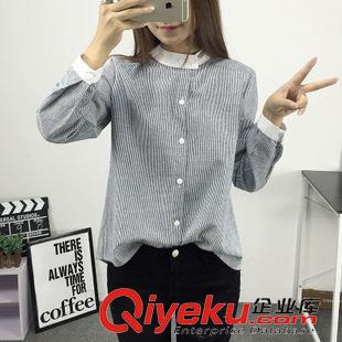 襯衫 2015秋款新款女裝復古小立領豎條紋長袖襯衣學生襯衫女上衣潮女