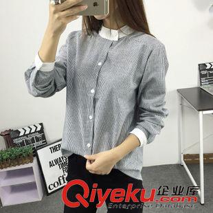 襯衫 2015秋款新款女裝復古小立領豎條紋長袖襯衣學生襯衫女上衣潮女