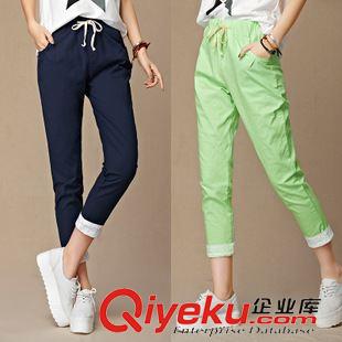 休閑褲總集 2015夏季新款棉麻女裝大碼休閑女褲系帶哈倫九分褲彩色松緊腰女褲原始圖片2