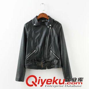 9月-23 歐美風(fēng)斜拉鏈修身口袋款皮衣女式短款腰帶純色PU夾克秋季外套M165原始圖片2