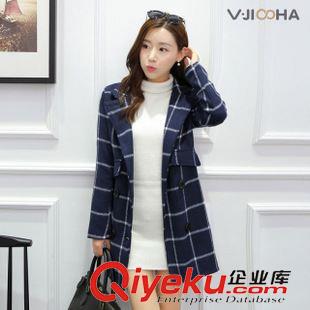 9月-8 韓版秋冬新款格子拼接修身毛呢外套女氣質(zhì)中長款泡泡袖上衣J334