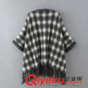 9月-2 VJISHA歐美風(fēng)菱形格紋蝙蝠袖流蘇針織衫女式秋冬大版開(kāi)衫批發(fā)K237原始圖片2