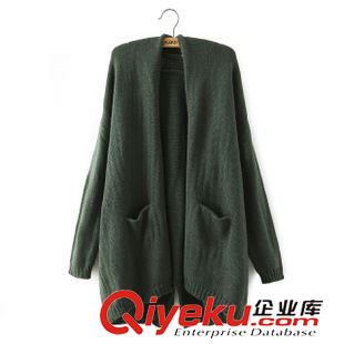 9月-2 韓版爆款寬松蝙蝠袖純色中長款毛衣女秋冬新款厚開叉開衫批發K245原始圖片2