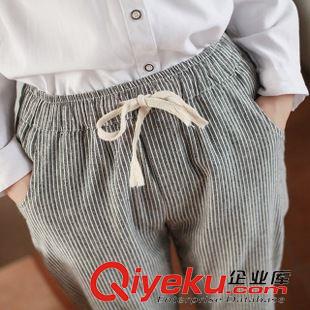 八月第五波 淑女四季百搭條紋休閑棉麻褲女式松緊腰基本款九分褲一件代發(fā)E278原始圖片2