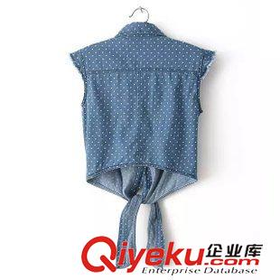 八月第四波 VJISHA歐美風(fēng)新款小飛袖波點(diǎn)牛仔襯衫修身短款下擺綁帶上衣E044原始圖片2
